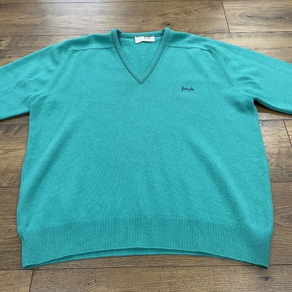 Pringle Sport Sweater Mens 48 Green V-Neck Wool Scotland Embroidered Logo - Picture 8 of 13